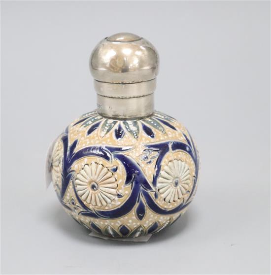 A Doulton Lambeth silver-topped globular perfume bottle, by Frances E Lee, dated 1879, the pump action atomiser, London 1878, H. 10.5cm